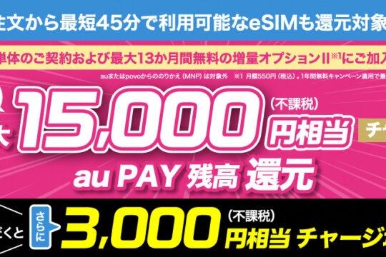 最大18,000円相当還元！ UQ mobile、SIMのみ契約の特典を増額